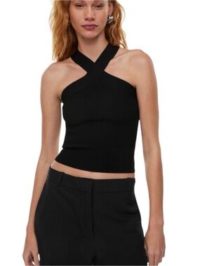 Babaton Black Cross Strap Ribbed Halter Tank Top M
